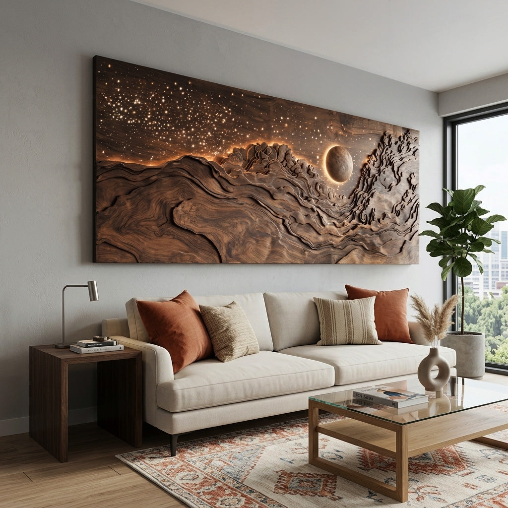 Hand-Carved Solid Wood Eclipse Wall Art with LED Backlight - view 4
