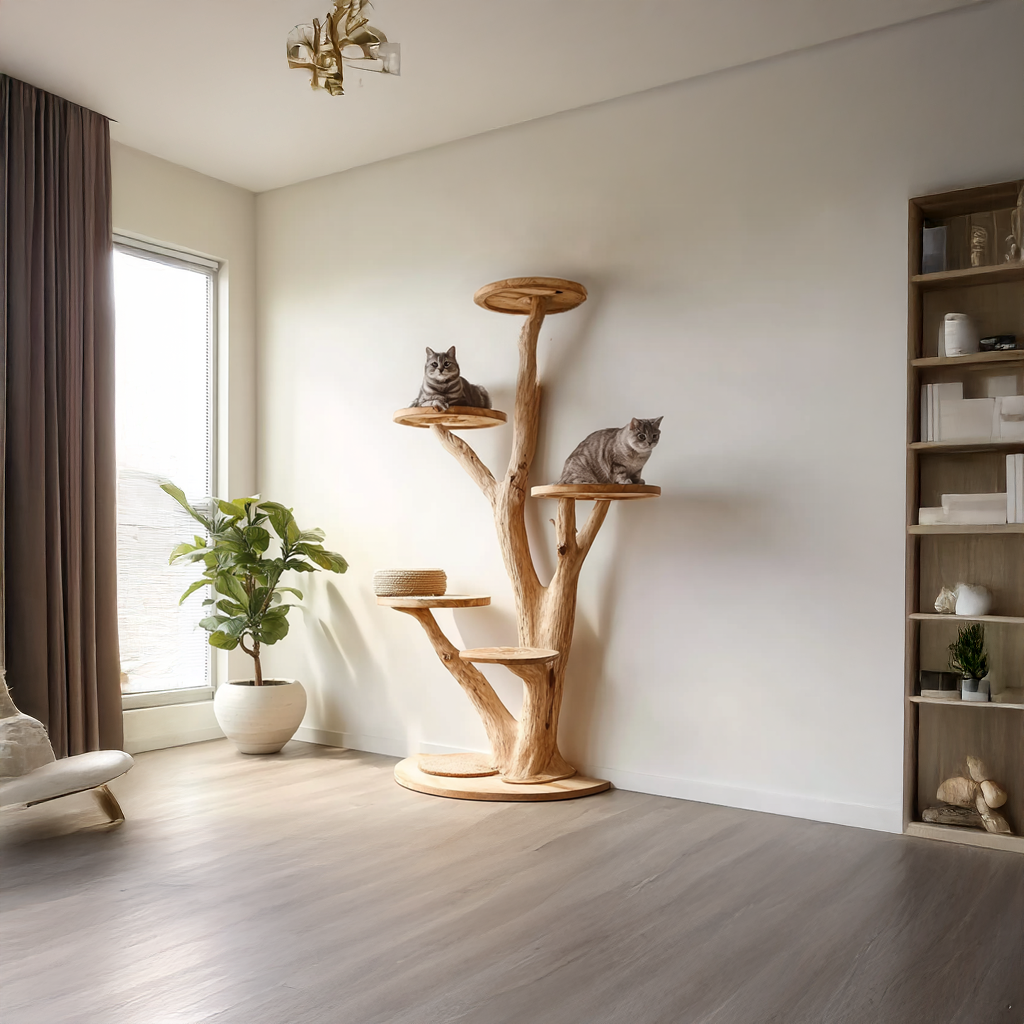 Rustic Solid Wood Tree Cat Tower with Branch Perches - view 2