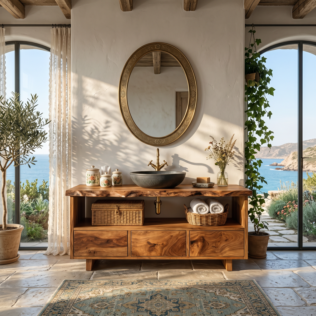 Mid-Century Solid Wood Wall-Mount Bathroom Vanity, Live Edge in Brown finish