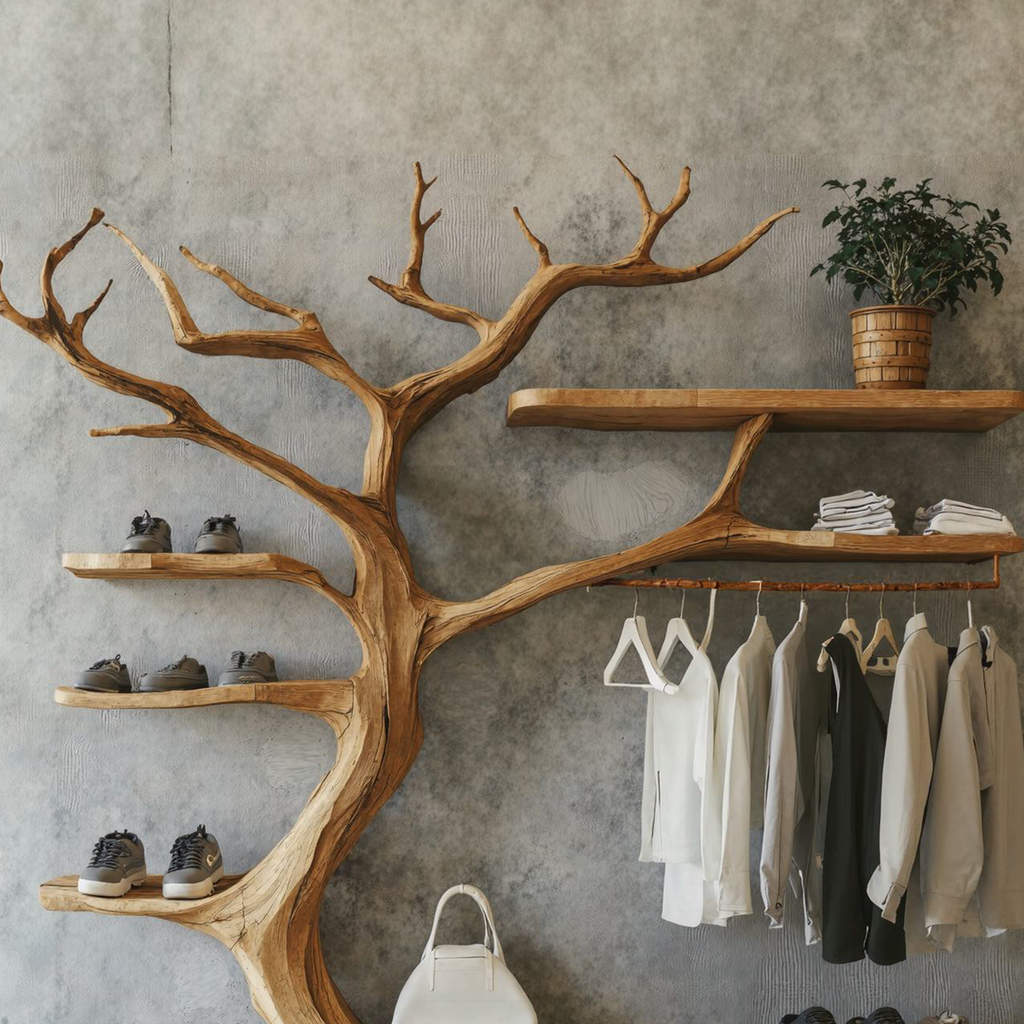 Rustic Tree Branch Coat Rack and Shoe Stand in Natural Wood - view 3