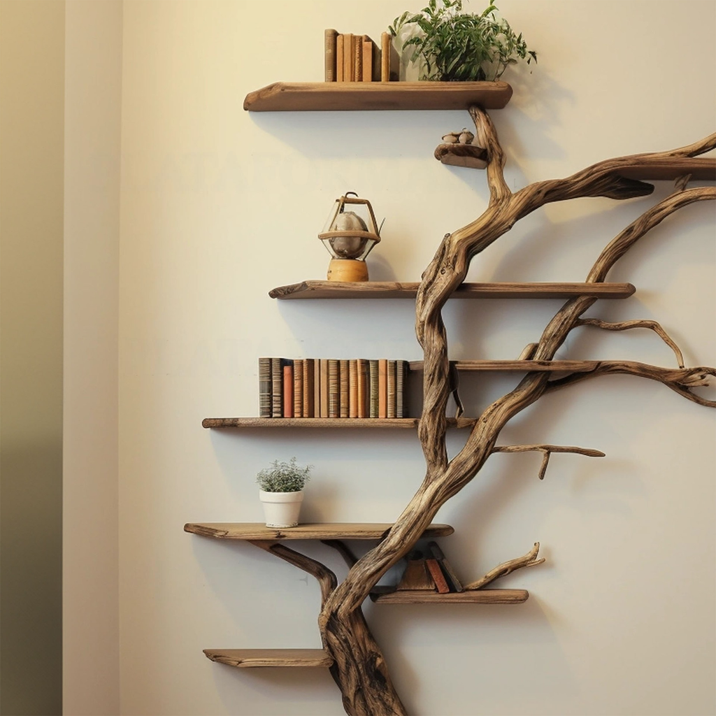 Narrow Corner Tree Branch Wall Shelf in Dark Brown, 84 in Tall - view 2