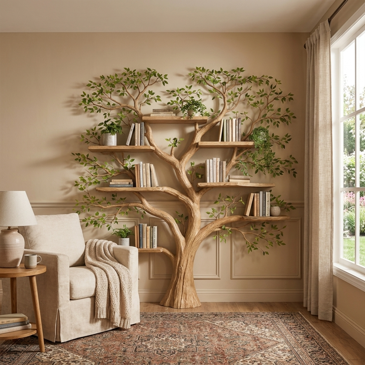 Tree Branch Wall Bookcase with Floating Shelves, 70 x 70 in in Oak finish