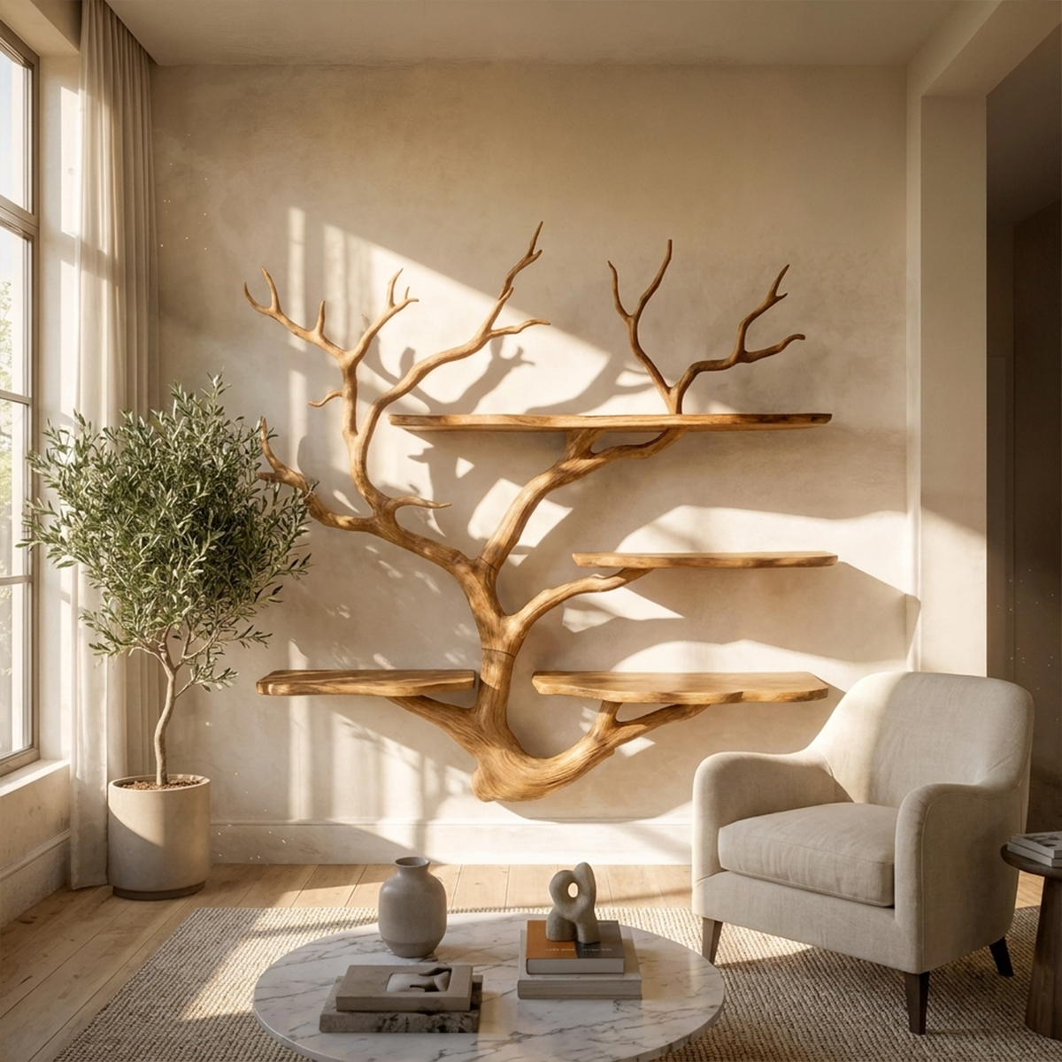 Sculptural Tree Branch Wall Shelf for Living Room and Studio in Oak finish