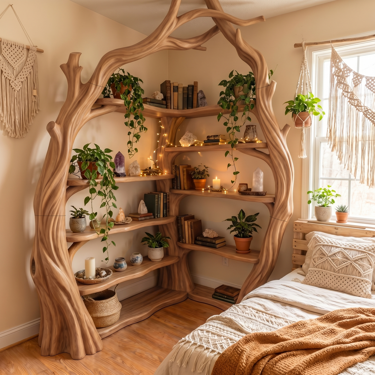 Tree Branch Corner Bookshelf in Solid Wood, Tall Display Shelf in Oak finish