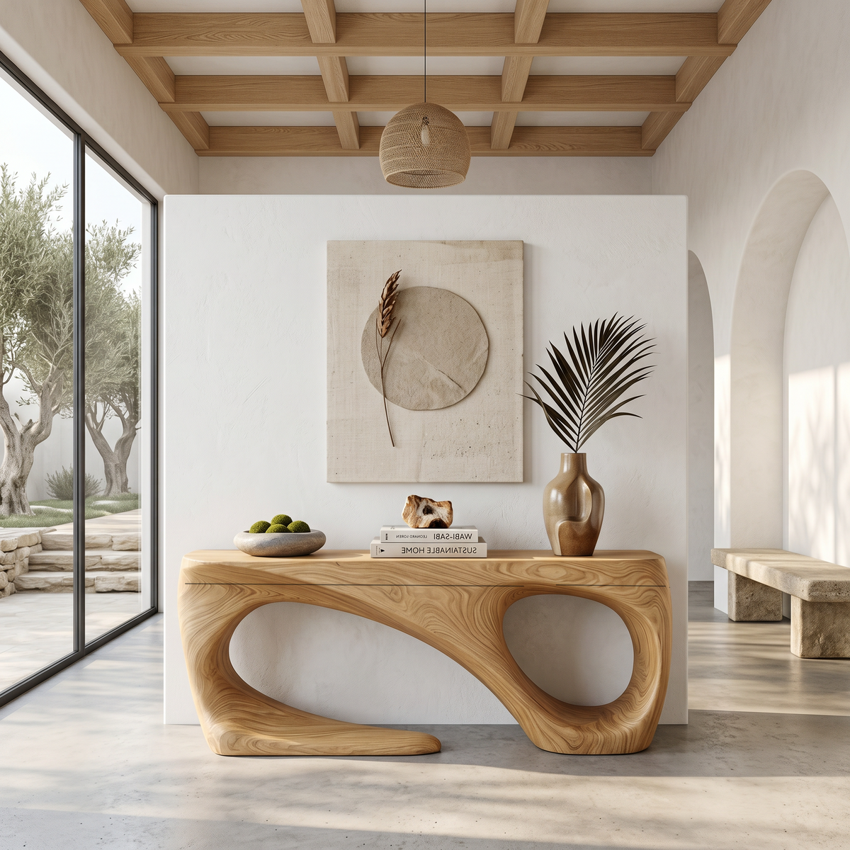 Rustic Solid Wood Console Table with Flowing Sculptural Base in Oak finish