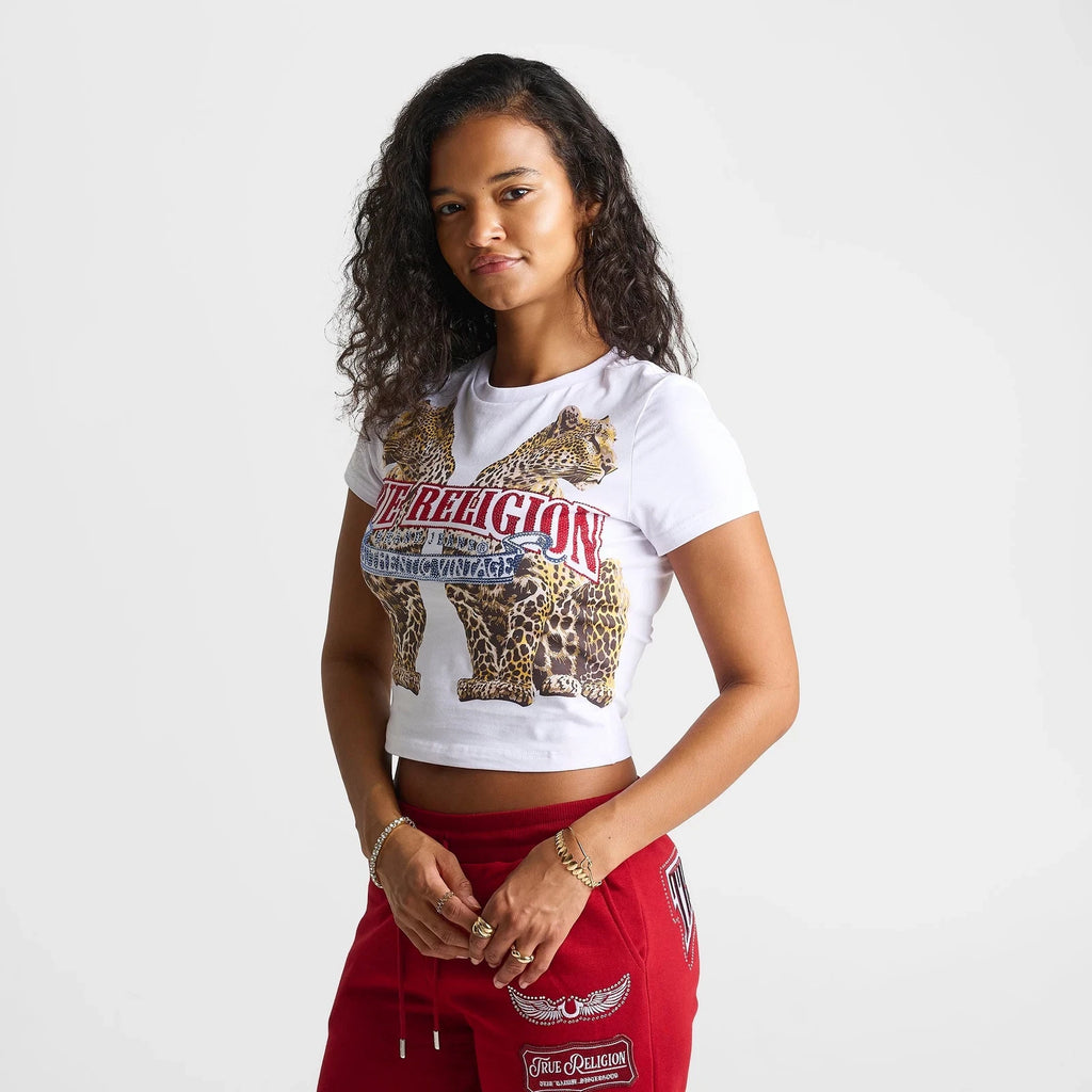Women's Cropped Leopard Rhinestone T-Shirt