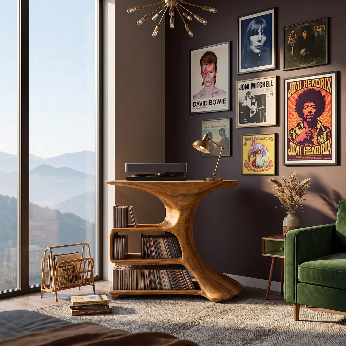 Mid-Century Hardwood Media Console and Record Stand for Bedroom in Oak finish