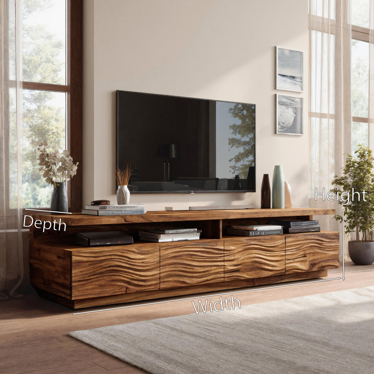 Solid Wood TV Stand with Wave Carved Storage Cabinets - view 8