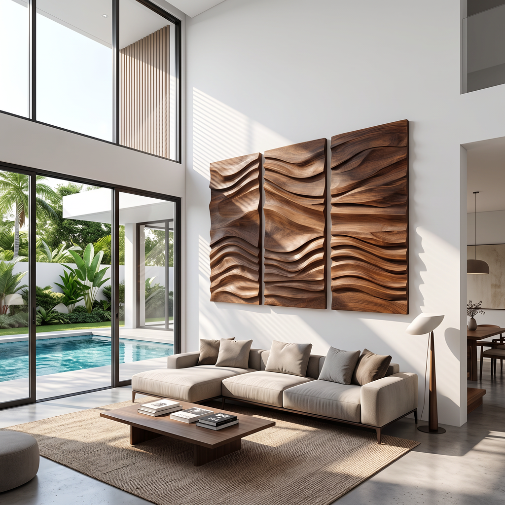 Hand-Carved Hardwood Wave Wall Sculpture for Entryway - view 2