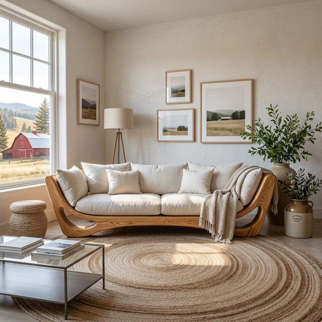 Modern Sculptural Solid Wood Frame Sofa with Cushions in Oak finish