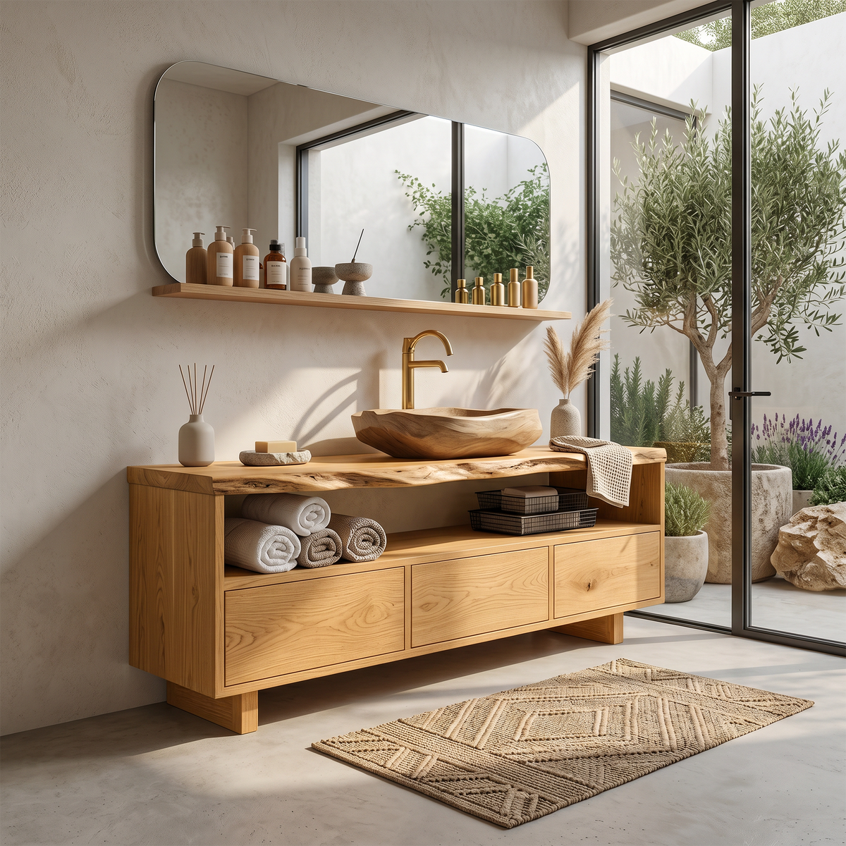 Mid-Century Solid Wood Wall-Mount Bathroom Vanity, Live Edge in Oak finish