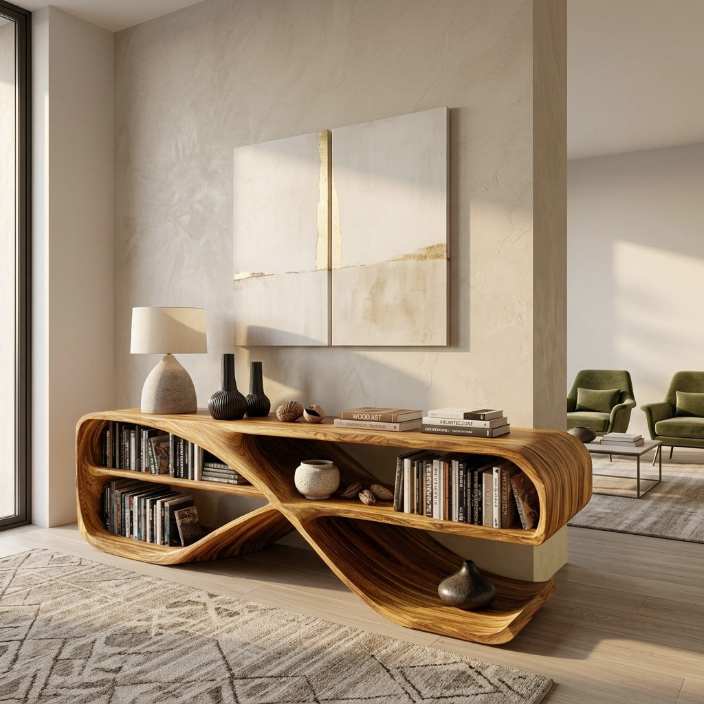 Modern Organic Wave Console Table in Solid Wood with Open Shelves in Oak finish