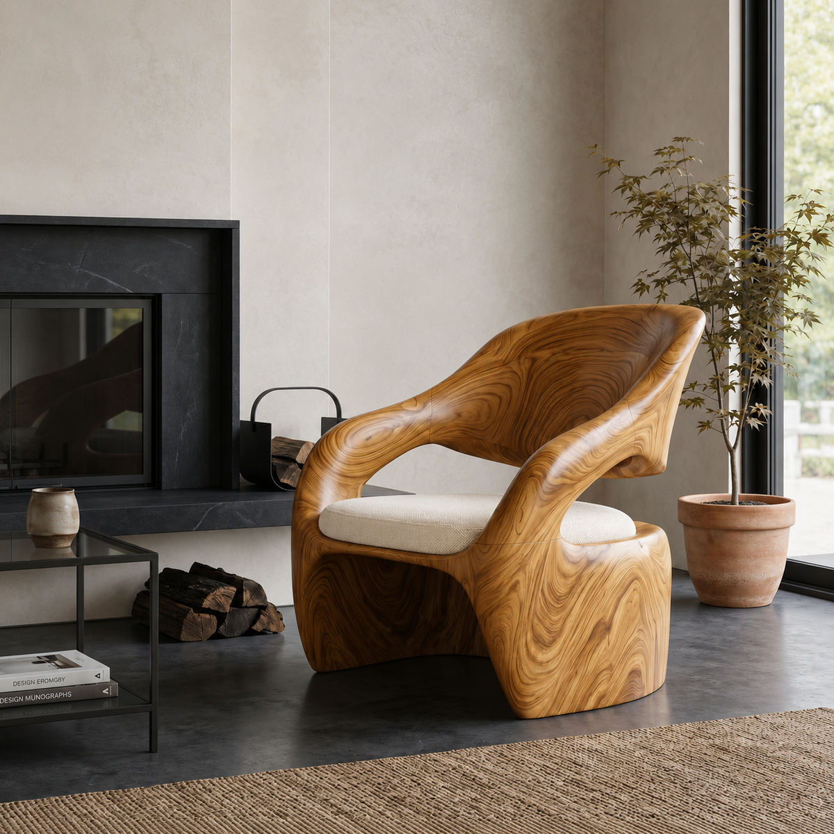 Organic Sculptural Solid Wood Lounge Chair with Wide Seat in Oak finish