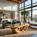 Solid Wood Sculptural Coffee Table with Open Loop Base in Oak finish