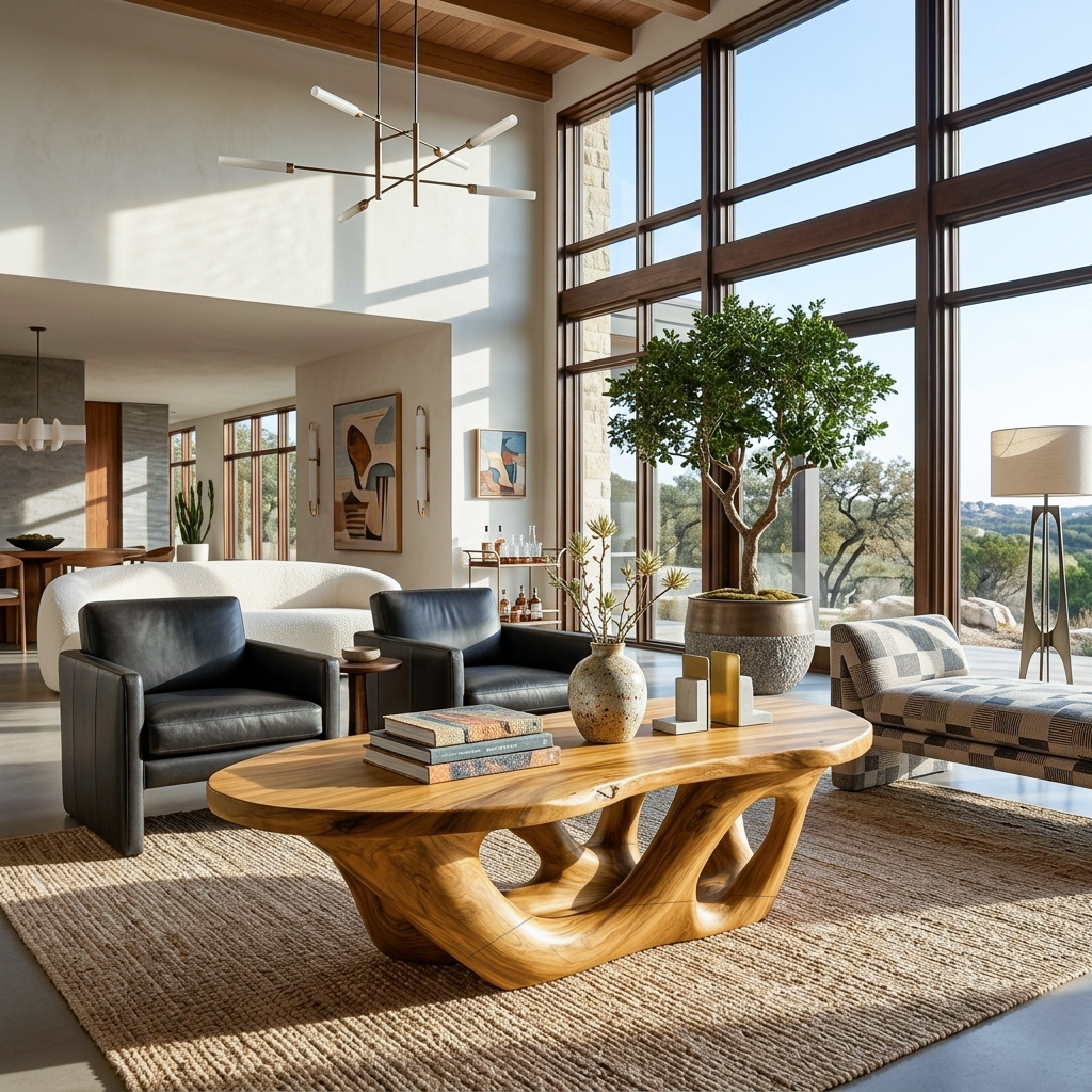 Solid Wood Sculptural Coffee Table with Open Loop Base in Oak finish