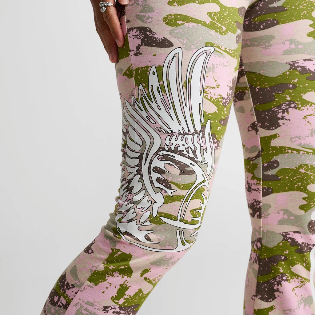 Women's Camo Print Mid-Rise Flared Leggings