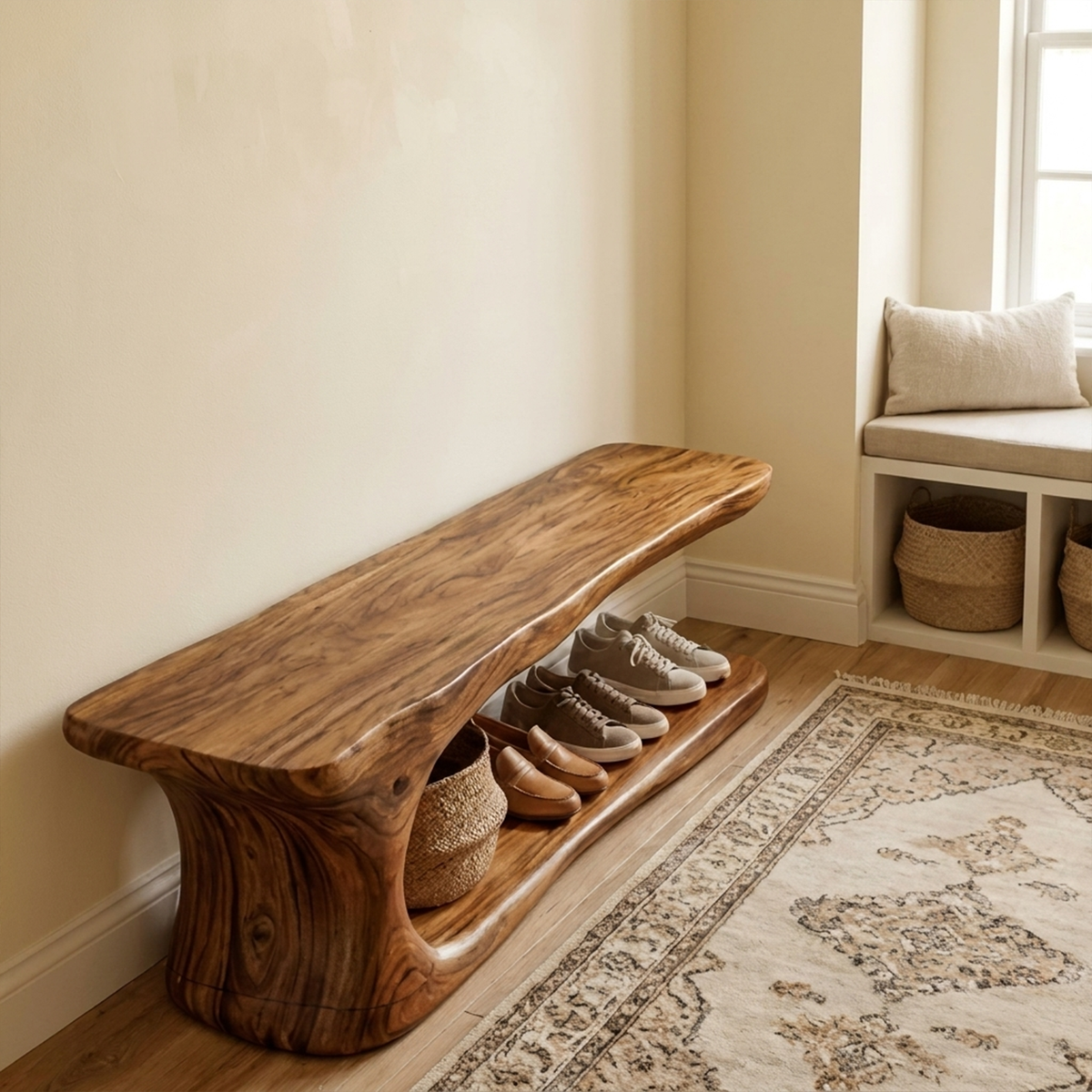 Rustic Live Edge Solid Wood Shoe Bench for Entryway - view 2