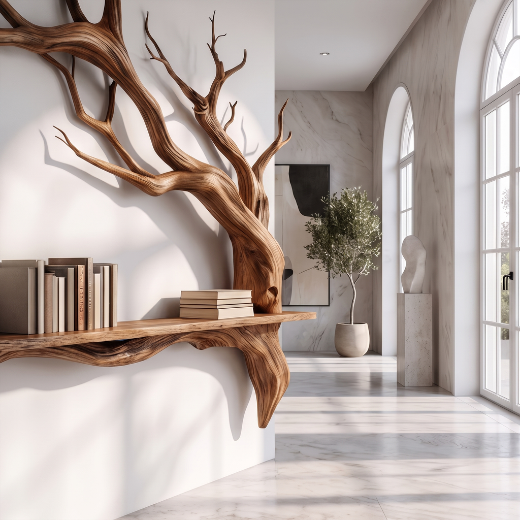 Rustic Solid Wood Slab Wall Shelf with Tree Branch Accent - view 3