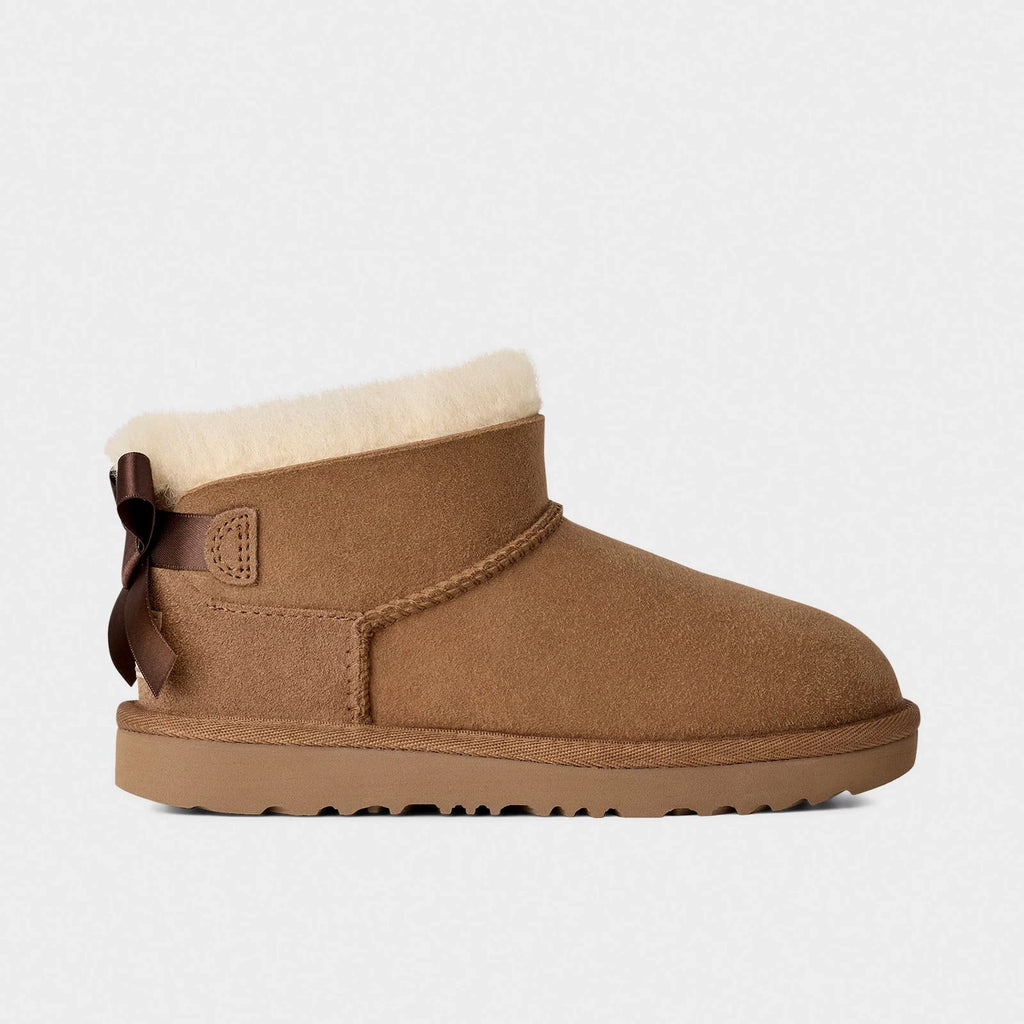 Girls' Short Sheepskin Boots With Satin Bows