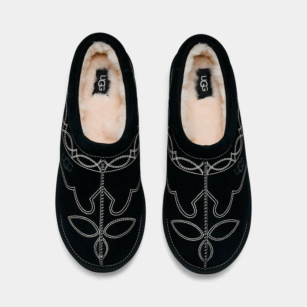 Men's Embroidered Suede Backless Slippers - Black