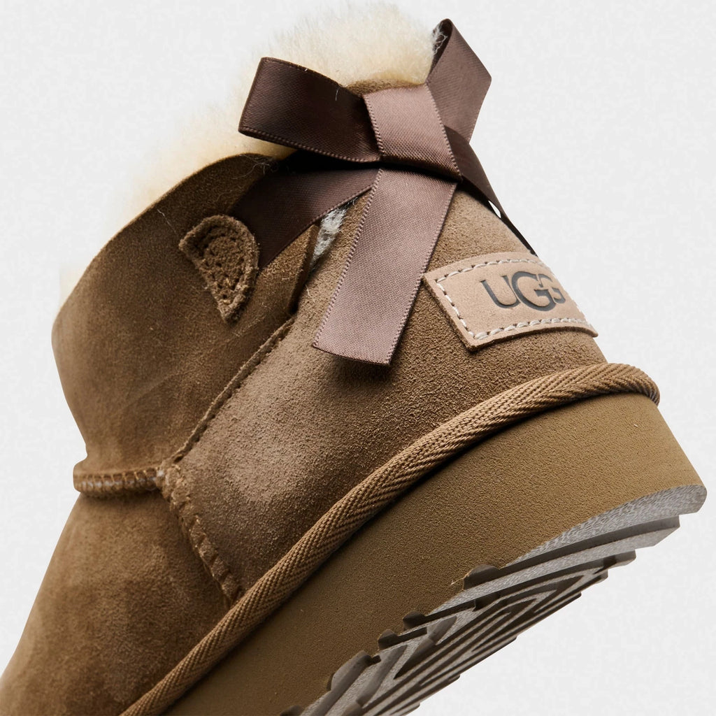 Women's Short Sheepskin Boots With Satin Bows