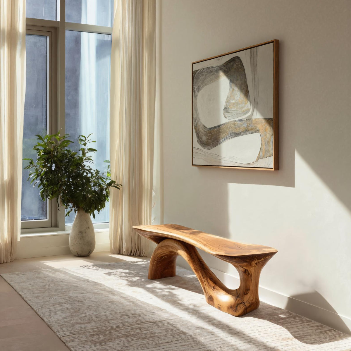 Sculptural Solid Wood Bench with Organic Curves for Living Room