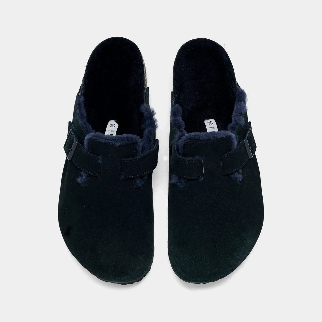 Men's Shearling-Lined Suede Clogs - Black
