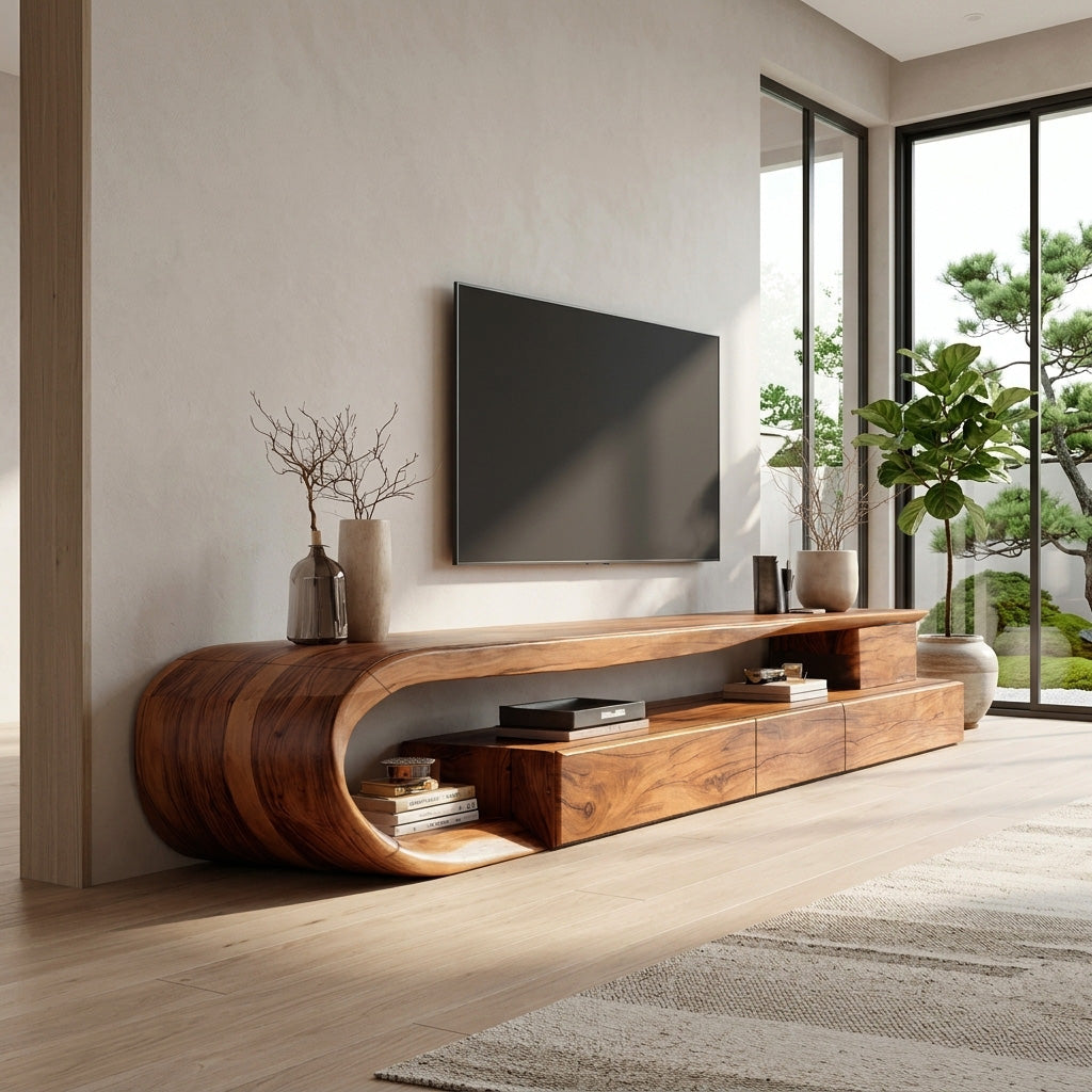 Modern Curved Solid Wood TV Console with Drawers and Open Shelf - view 2