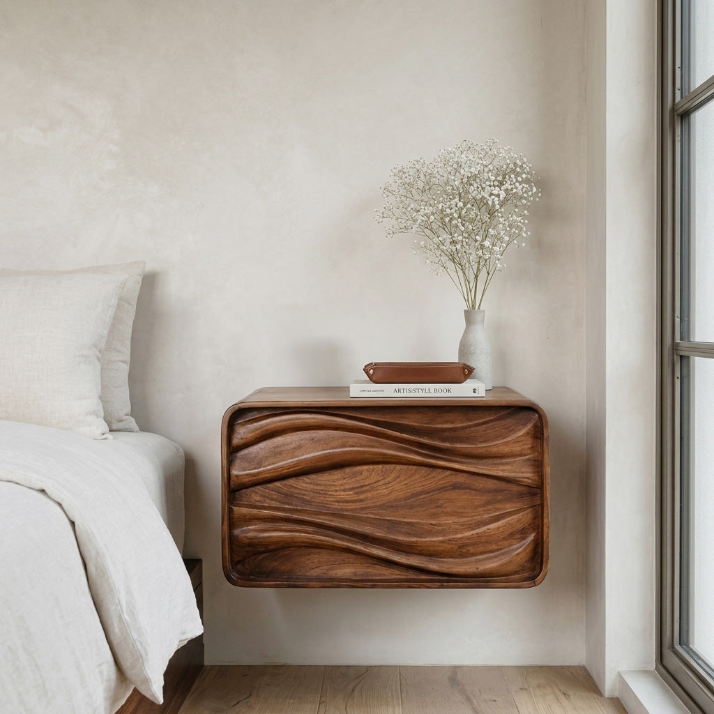 Floating Wall Mounted Nightstand with Carved Wave Drawer - view 2