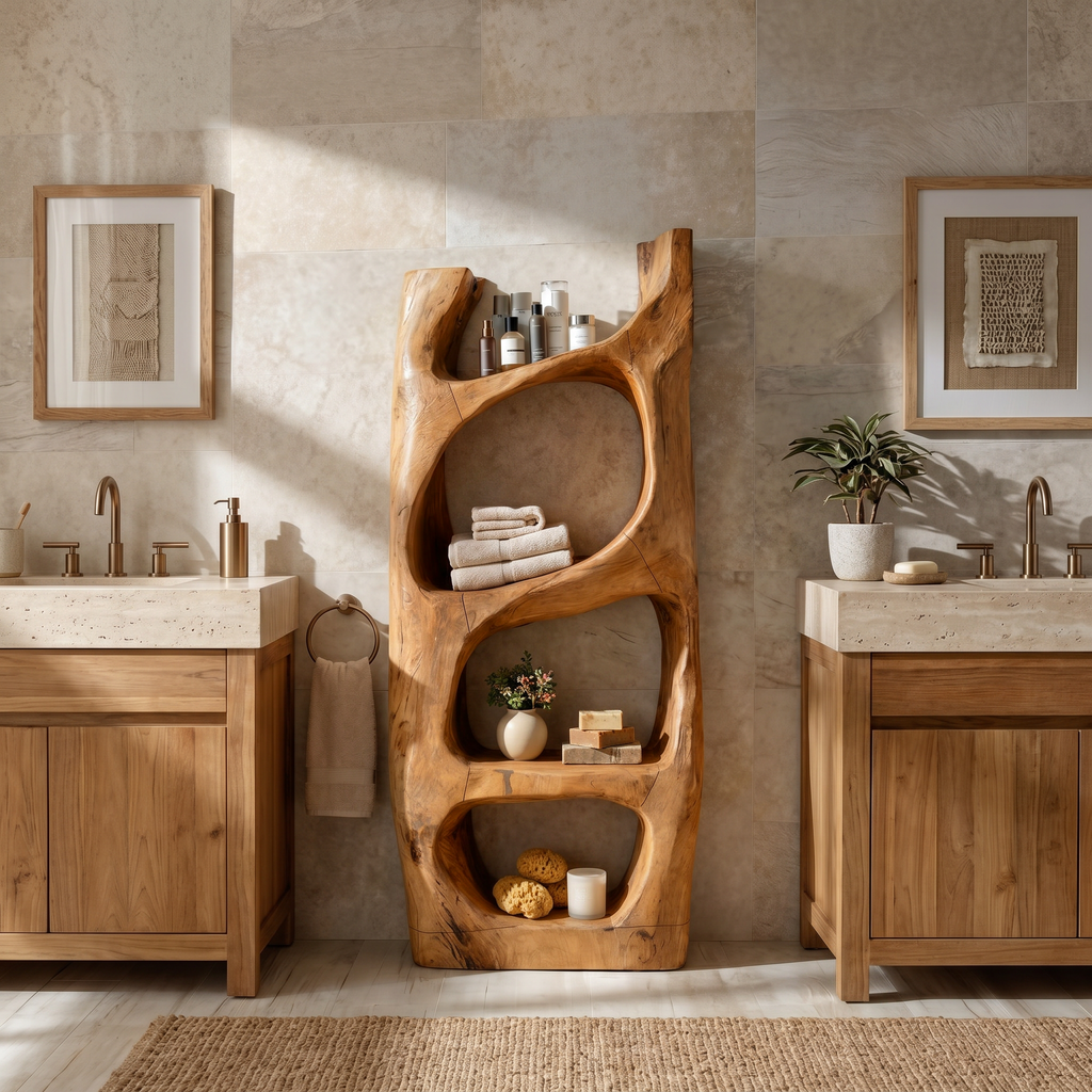 Hand-Carved Sculptural Solid Wood Bathroom Towel Shelf - view 3