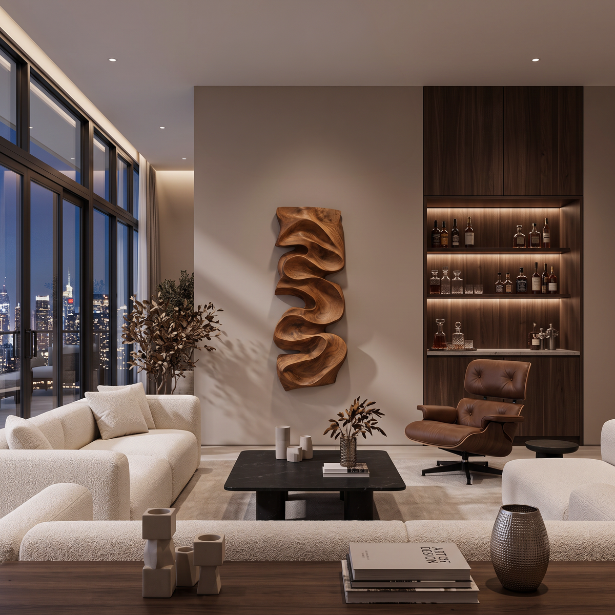 Carved Solid Wood Wall Art Panel with Cascading Curves - view 2