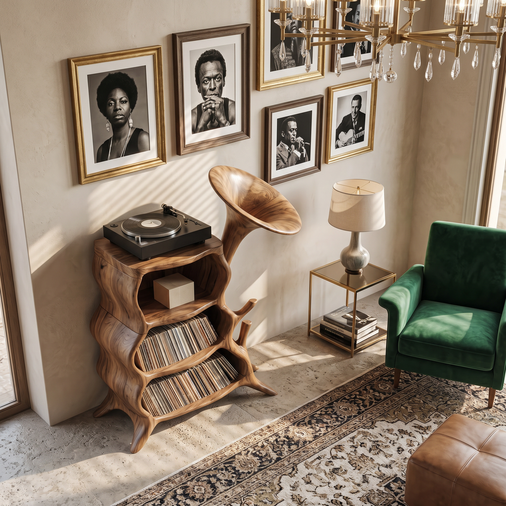 Hardwood Record Player Stand with Minimalist Cube Profile - view 2
