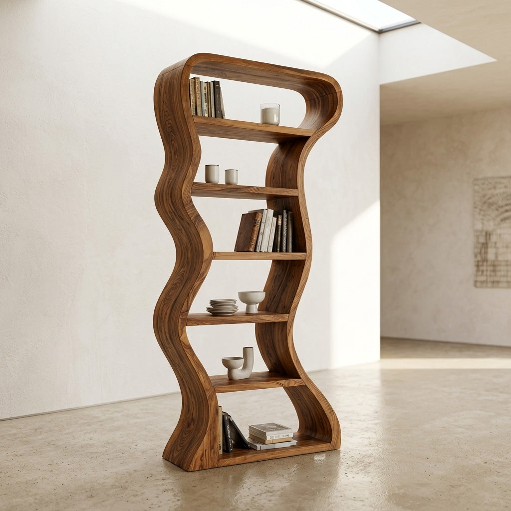 Tall Wavy Solid Wood Bookshelf with Organic Sculpted Sides - view 3