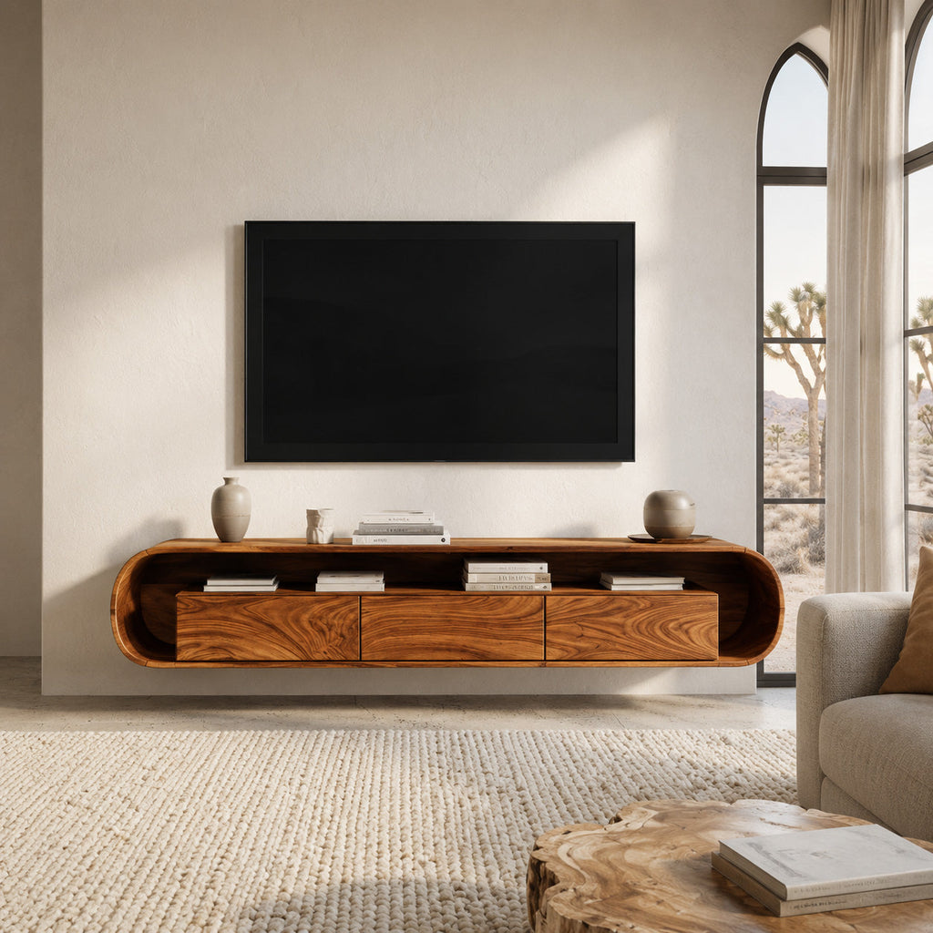 Organic Modern Floating Solid Wood TV Console with Drawers - view 2