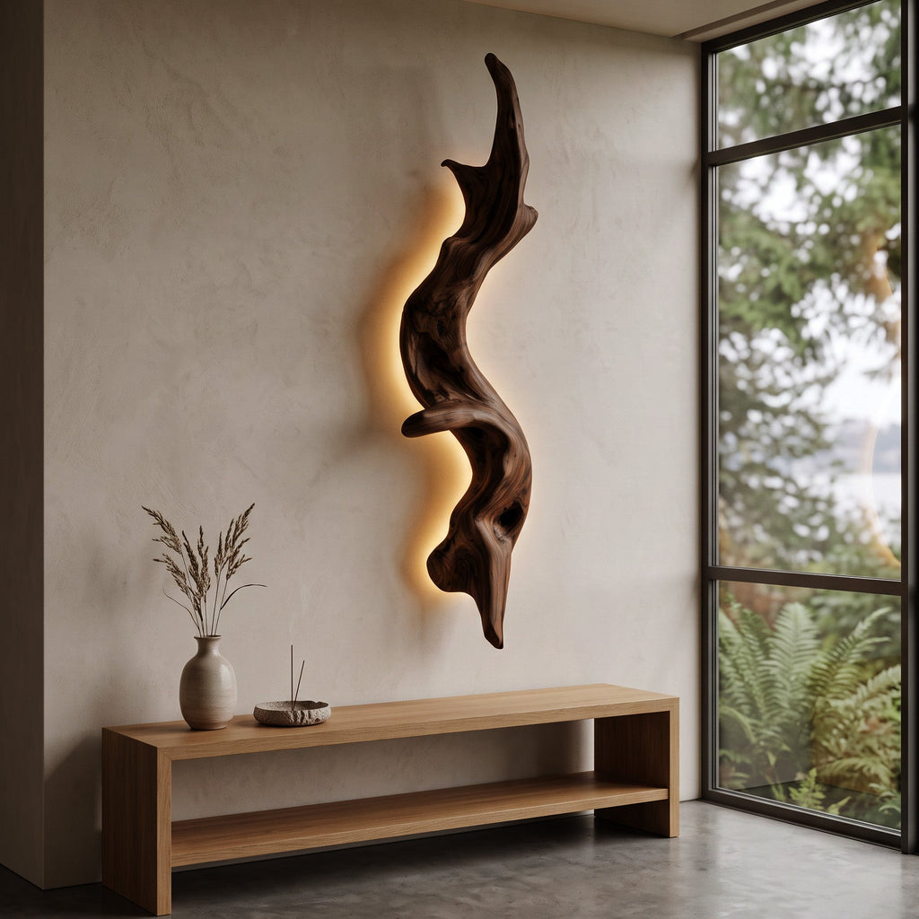 Rustic Organic Solid Wood Wall Lamp Sculpture with Ambient Glow - view 2
