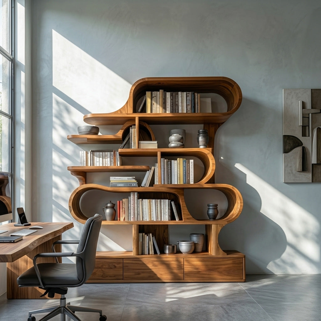 Curved Sculptural Solid Wood Bookshelf with Layered Shelves - view 2
