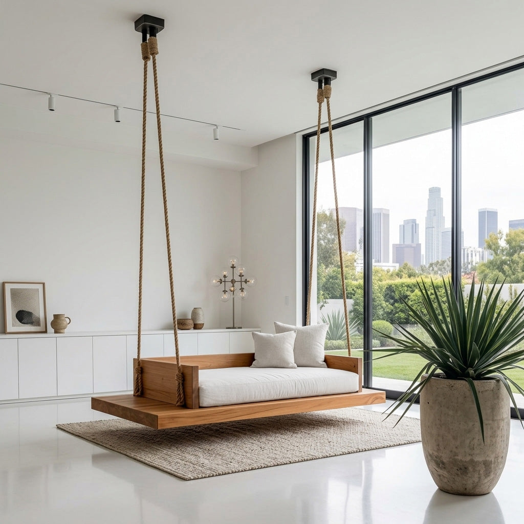 Solid Wood Hanging Ceiling Swing Seat with Natural Edge - view 2
