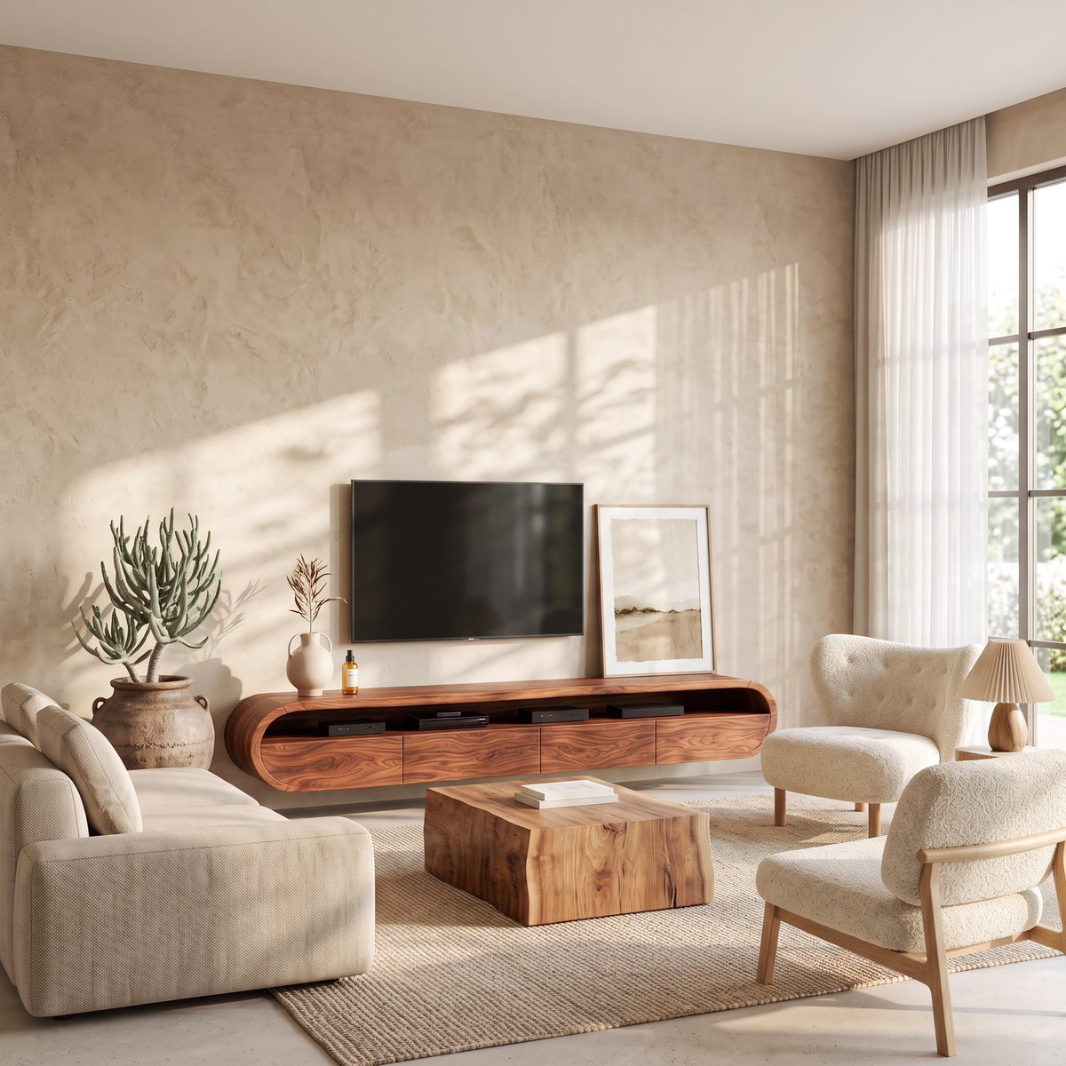 Modern Floating Solid Wood TV Console with Rounded Contours - view 2