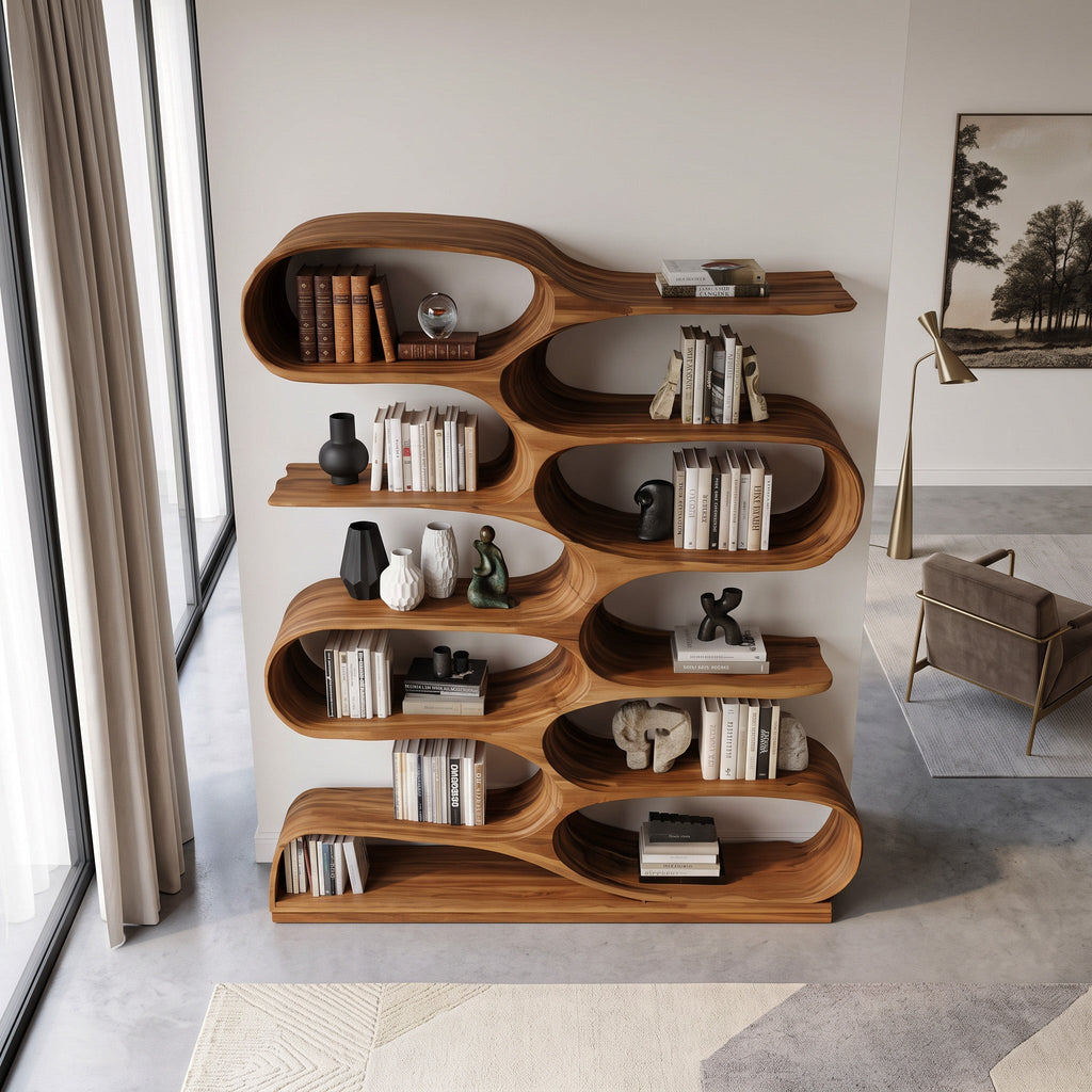 Organic Solid Wood Bookshelf with Wave-Shaped Curved Tiers - view 3