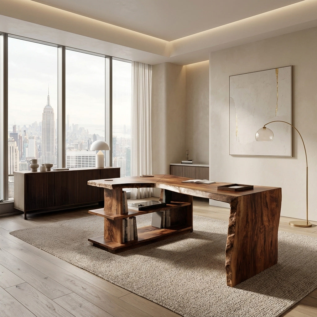 Solid Wood L-Shaped Desk with Built-In Bookshelf and Live Edge - view 2