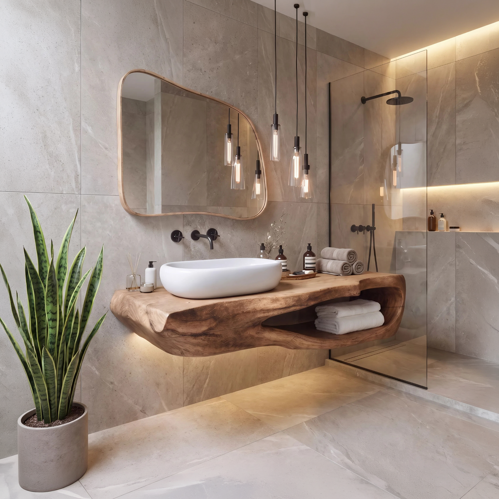 Rustic Natural Wood Bathroom Vanity Shelf for Industrial Style - view 2