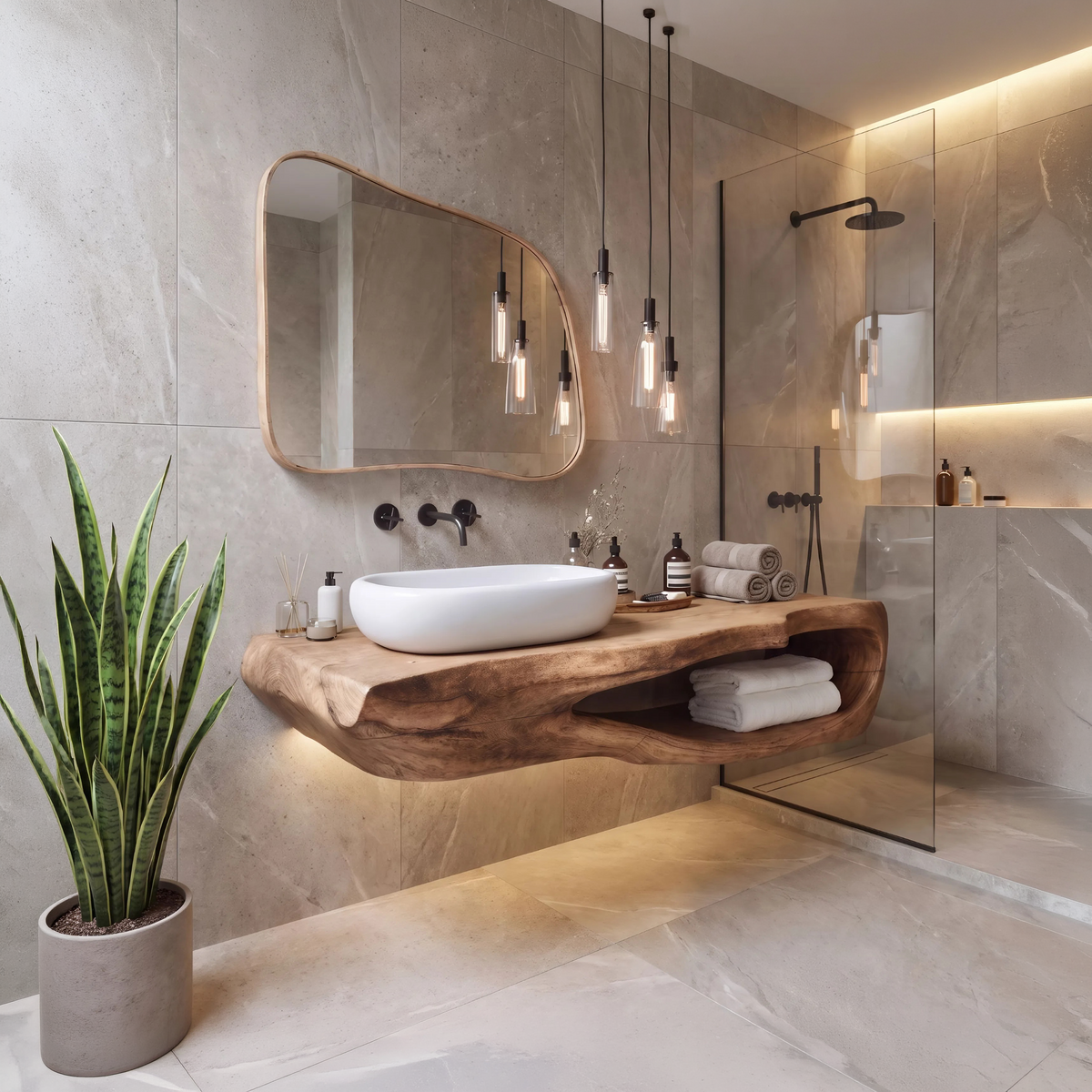 Rustic Natural Wood Bathroom Vanity Shelf for Industrial Style - view 2