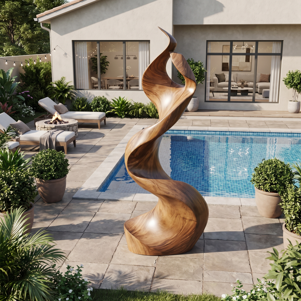 Large Solid Wood Abstract Sculpture with Flame-Inspired Curves - view 2