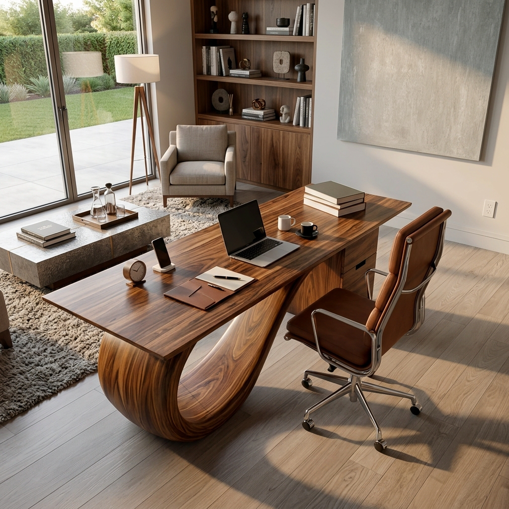 Modern Solid Wood Desk with Curved Sculptural Base and Drawers - view 2