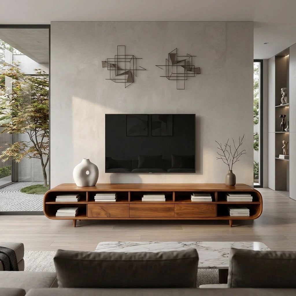 Mid-Century Solid Wood TV Cabinet with Drawers and Open Shelves - view 2