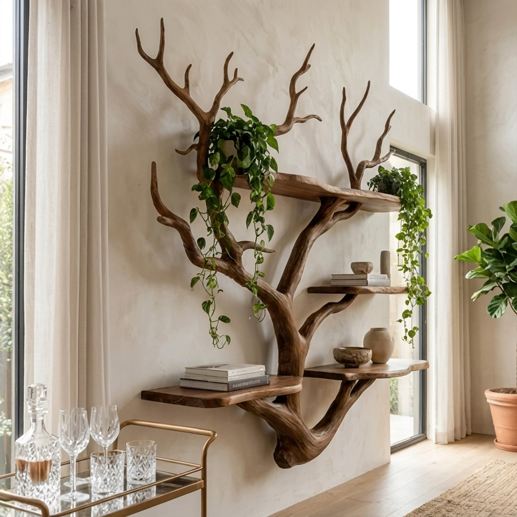 Sculptural Tree Branch Wall Shelf for Living Room and Studio - view 2