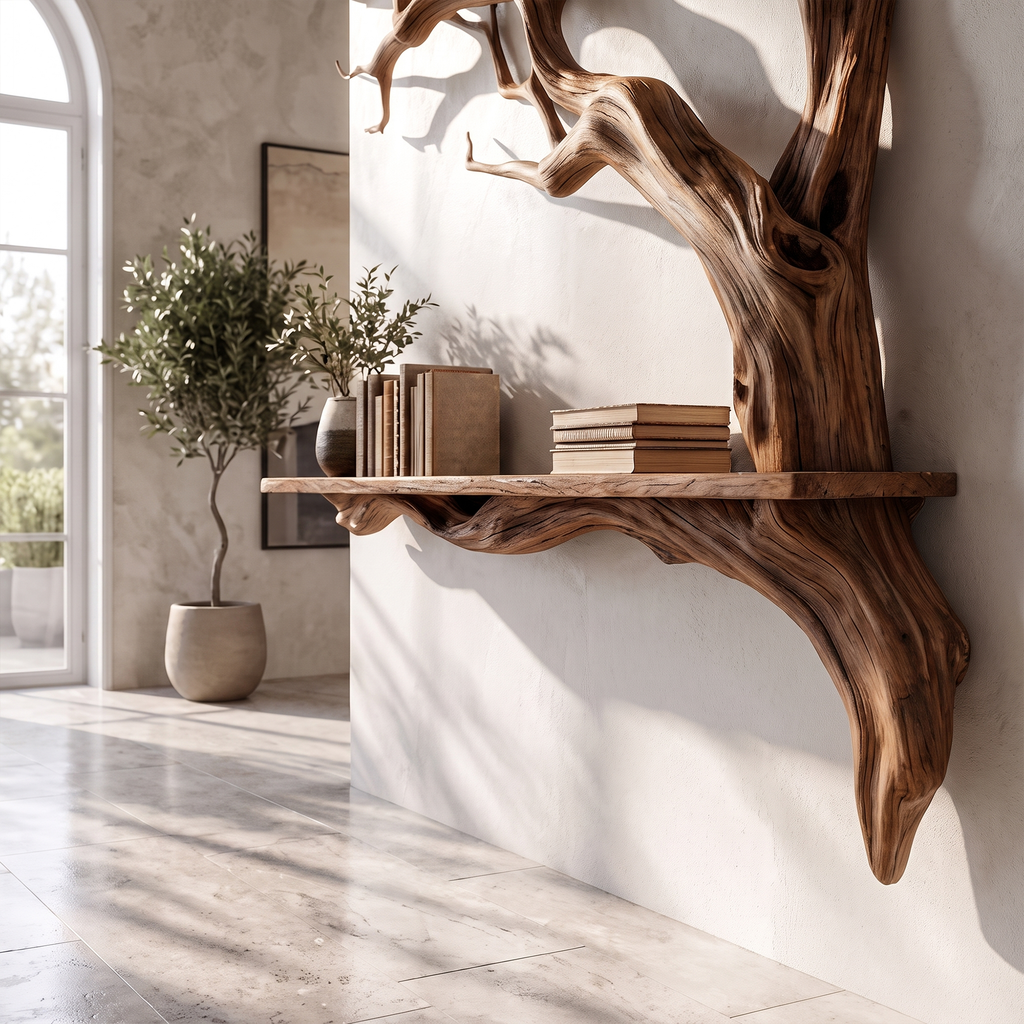 Rustic Solid Wood Slab Wall Shelf with Tree Branch Accent - view 2
