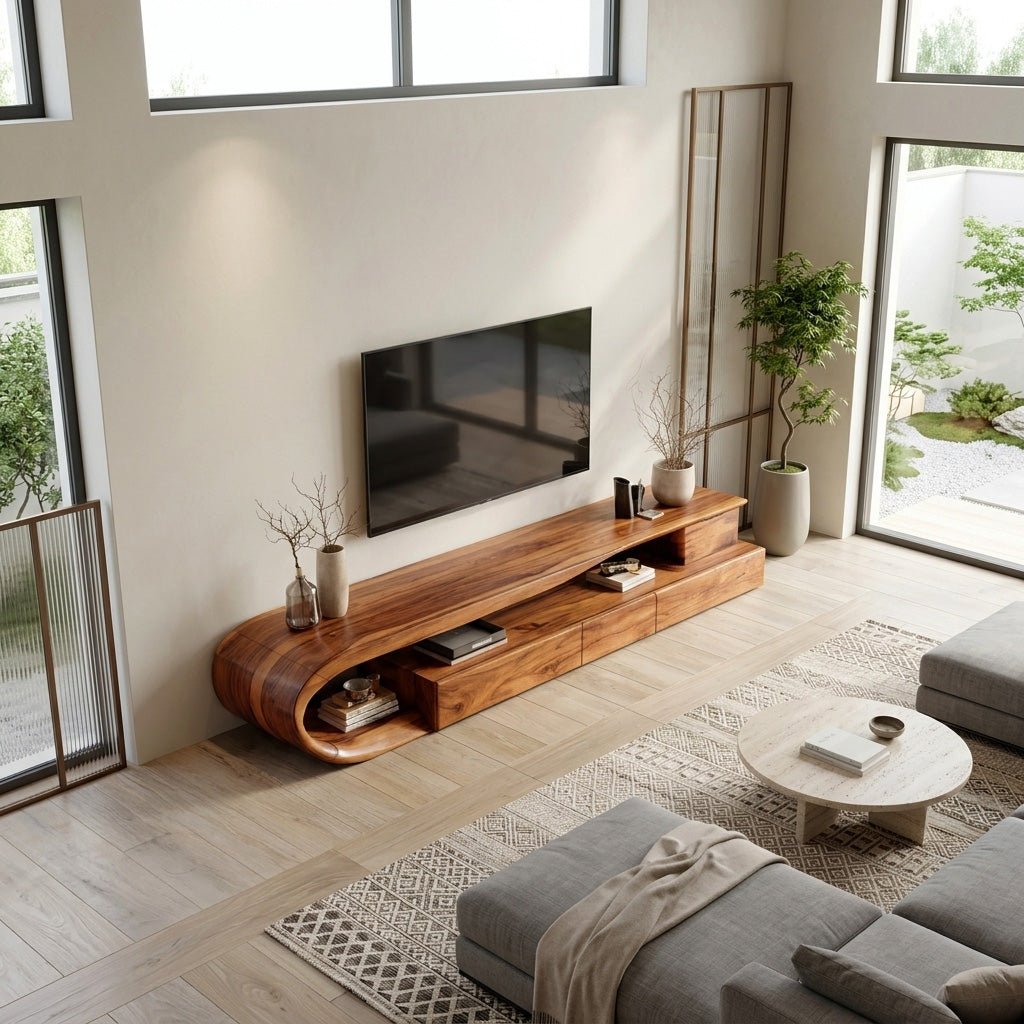 Modern Curved Solid Wood TV Console with Drawers and Open Shelf - view 3