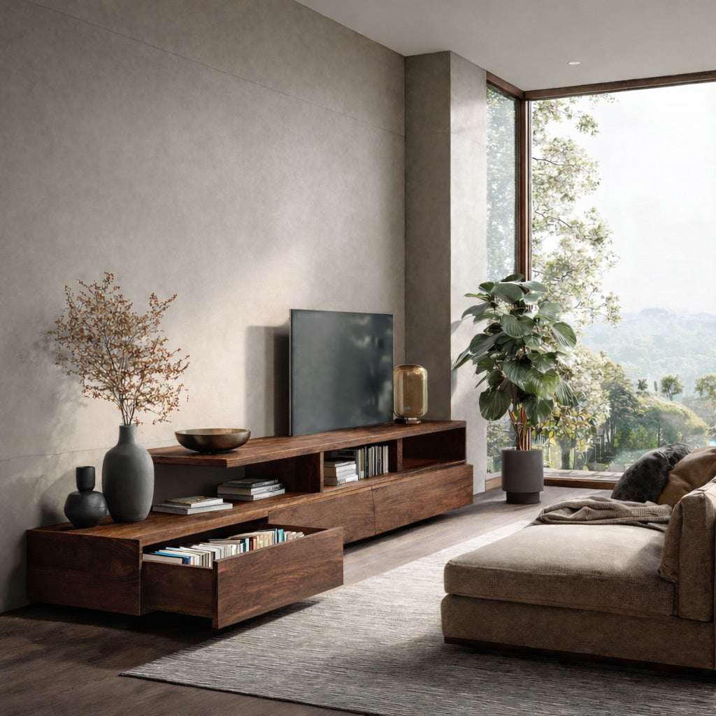 Low Solid Wood TV Console with Open Shelves and Cabinets - view 3
