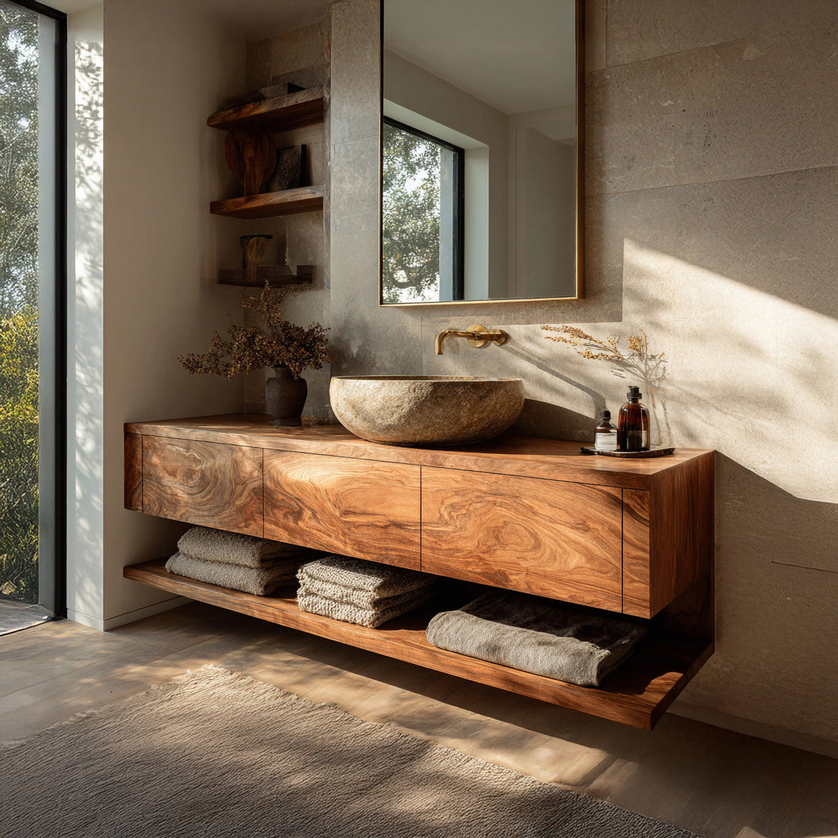 Mid-Century Solid Wood Floating Vanity with Drawers and Shelf - view 3